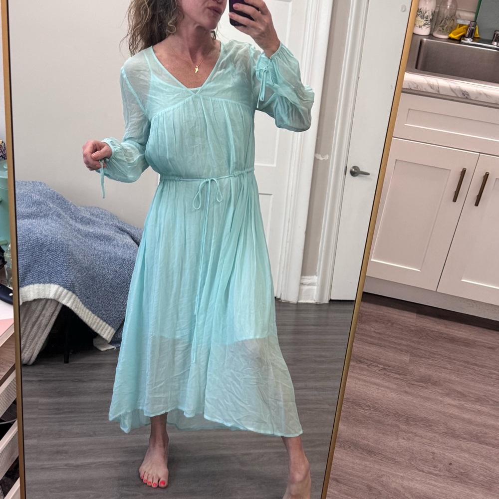 Maje Paris Sheer Maxi Dress with Slip – Aqua Blue, Size 3 (US M/L)